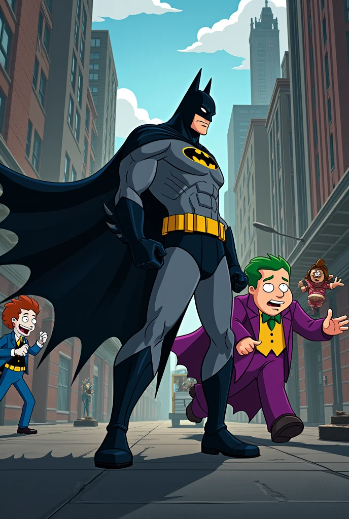 batman and peter griffin fights together against joker and quagmire