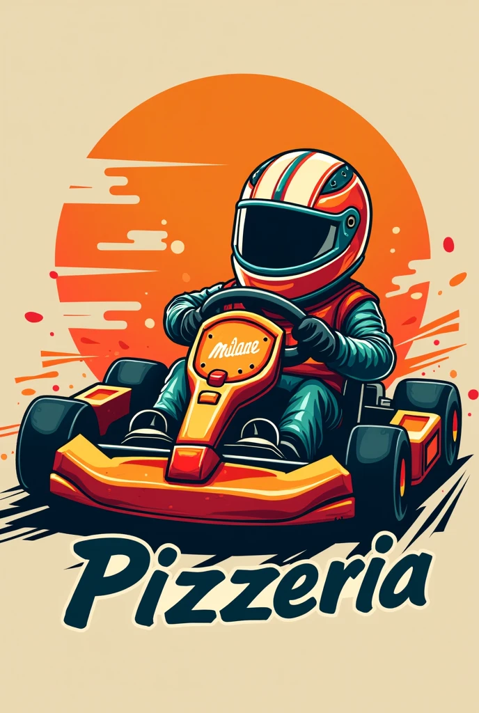 Text Milano Pizza for the electric karting pizzeria . Logo with a neat and humorous design evoking both kart racing, and Italian pizza.