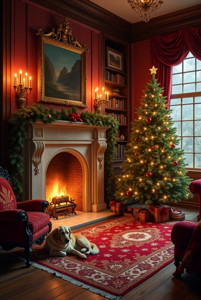 Victorian  parlour front facing , , marble fireplace plants in pots, lots of candles heavy drapes with pelmets book cases persian rugs velvet and brocade sofas and chairs  dog lying by the fire colourful cushions front facing , xmas tree in corner with toy train and wrapped presents