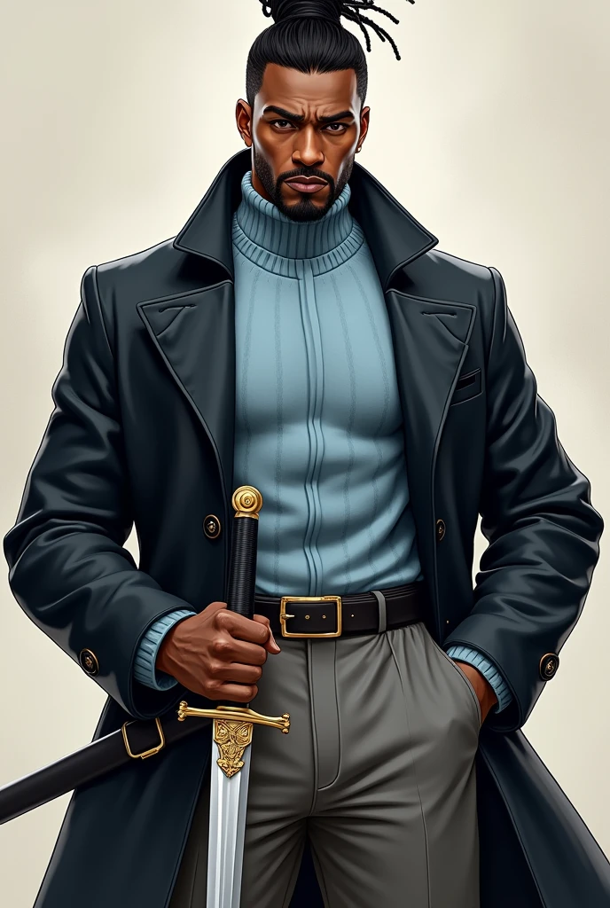 black male,eyes browns, brawny, Cao Cao, short dreadlocks hair, light blue turtleneck sweater , shiny black overcoat, Gray pants, light shoes, sword in hand.