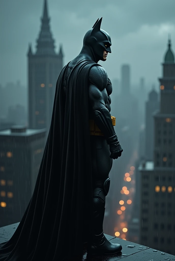 Create an ultra-realistic, highly detailed image of Batman standing vigilantly on the edge of a gothic skyscraper, overlooking Gotham City at night. The scene is dark and moody, with a heavy rain pouring down, casting a wet sheen over the city's rooftops and streets below. Batman is cloaked in his iconic dark suit, with the cape billowing slightly in the wind, dripping with rainwater. His suit is armored, matte black, with the Bat emblem on his chest subtly visible under the low, dim light of a nearby gargoyle. His cowl casts a shadow over his eyes, which glint with a sharp, calculating intensity. Behind him, the Bat-Signal pierces through the stormy clouds, illuminating the sky and reflecting off the wet surfaces. The city below is alive with distant lights and faint outlines of skyscrapers, but the focus remains on Batman, the silent guardian of Gotham. The image is rendered in ultra-high definition, capturing every droplet of rain, the texture of Batman's suit, and the grim atmosphere of the night, creating a powerful and iconic portrayal of the Dark Knight.