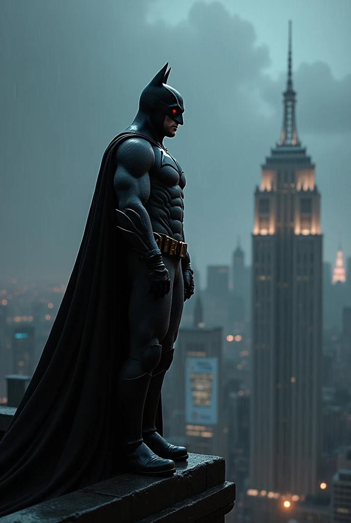Create an ultra-realistic, highly detailed image of Batman standing vigilantly on the edge of a gothic skyscraper, overlooking Gotham City at night. The scene is dark and moody, with a heavy rain pouring down, casting a wet sheen over the city's rooftops and streets below. Batman is cloaked in his iconic dark suit, with the cape billowing slightly in the wind, dripping with rainwater. His suit is armored, matte black, with the Bat emblem on his chest subtly visible under the low, dim light of a nearby gargoyle. His cowl casts a shadow over his eyes, which glint with a sharp, calculating intensity. Behind him, the Bat-Signal pierces through the stormy clouds, illuminating the sky and reflecting off the wet surfaces. The city below is alive with distant lights and faint outlines of skyscrapers, but the focus remains on Batman, the silent guardian of Gotham. The image is rendered in ultra-high definition, capturing every droplet of rain, the texture of Batman's suit, and the grim atmosphere of the night, creating a powerful and iconic portrayal of the Dark Knight.
