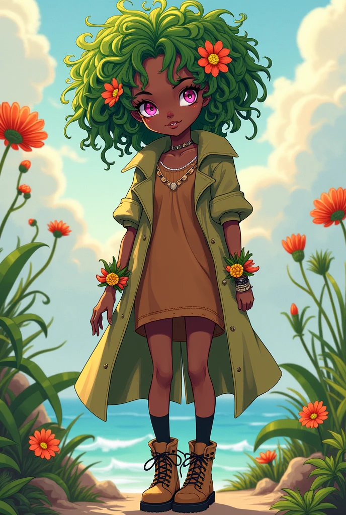 Generates an image of a young girl with dark skin, pink eyes, green curly hair that looks like but is not from plants, medium build hourglass figure, short brown beach dress, trench coat of short length, Brown tactical boots, long black socks, flower hair clips and flower bracelets on the arms and waist, flower necklace in comic draw style