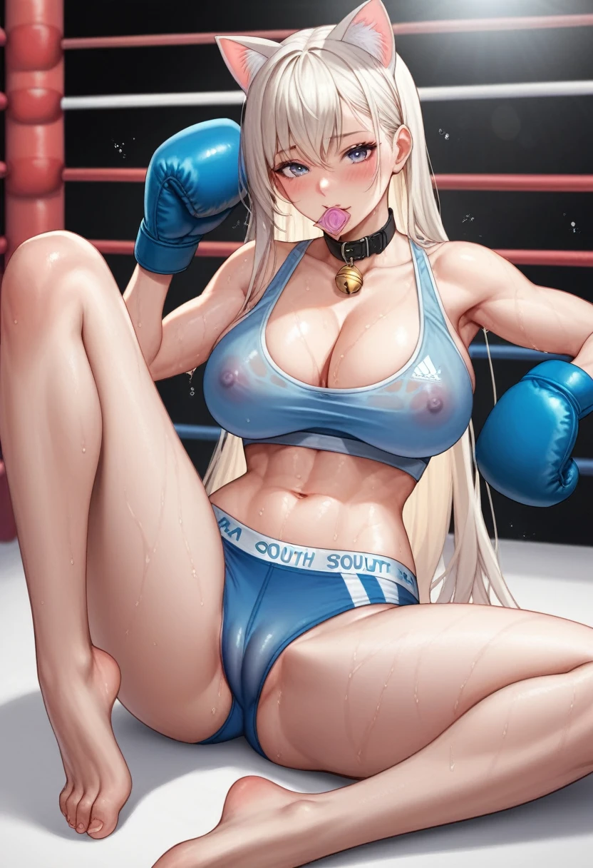 South Korean female boxer,1,Pretty Face,Slim figure,detailed picture, Provocative expression, blush,White long hair, Wear wrestling clothes,Soaked,Wear black pantyhose,No shoes, Wearing black boxing gloves,Black sleeves on arms, Sit in the boxing ring and stretch one foot forward,A condom in mouth,Large Breasts,Cleavage,Long legs,Thin waist,nipple,Camel toe,Collar,Cat ear