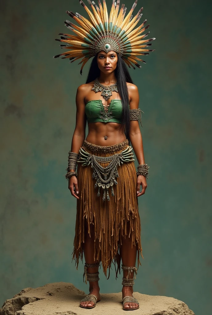 beautiful indigenous warrior woman from South America, long hair with small dreadlocks with feathers in the hair, wearing very few clothes and tribal tattoos on the face, with technology adornments on the cyborg body and arm, full body image 