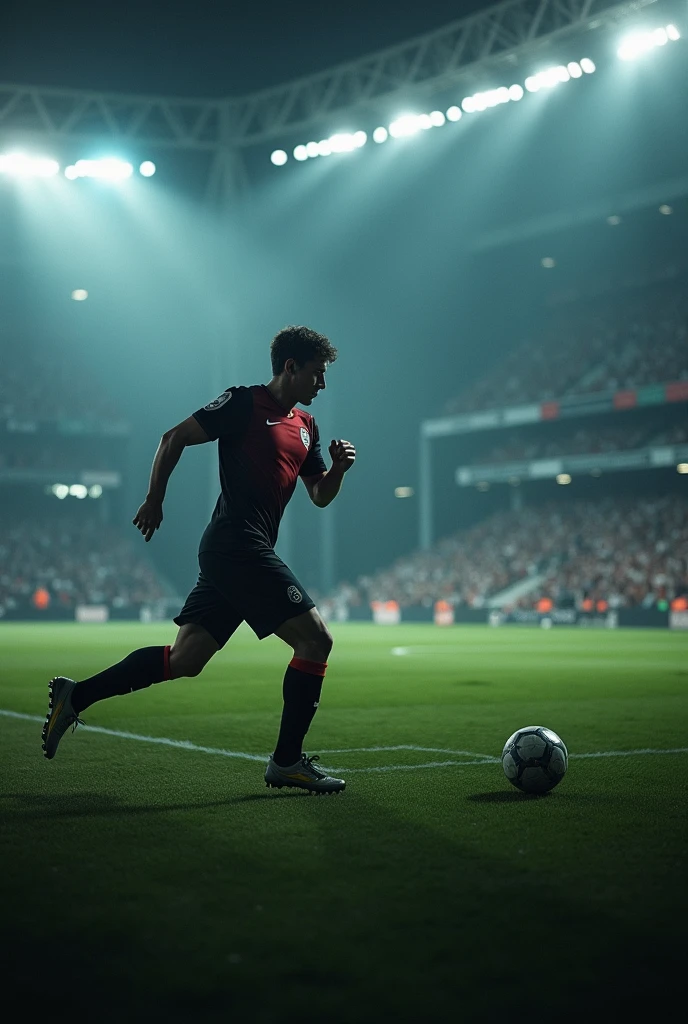 A men play football, running in ground, people cheare him, dark ligkt, view from up