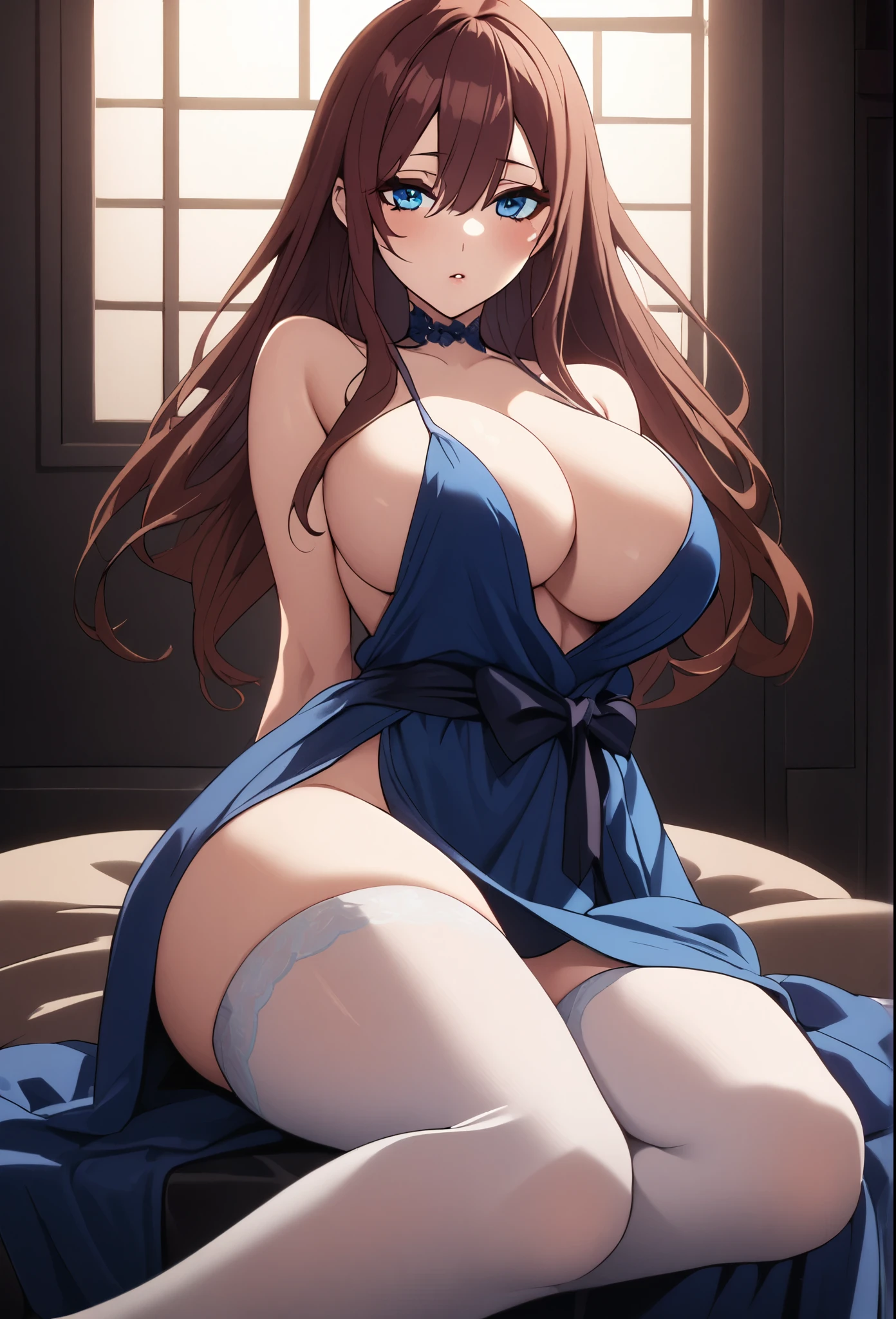 1girl, elegant erotic beautiful girl, big breasts, thigh highs, ((brown hair)), maxi dress, adultery, indecent, vulgar, Nakano Miku, intricate details, delicate facial features, beautiful blue eyes, ulzzang, long eyelashes, small nose, full lips, porcelain skin, natural lighting, warm color palette, chiaroscuro lighting, dramatic shadows, sensual, alluring, mature themes, artistic, dreamlike, ethereal, ((arms behind back)), sideboob, cleavage, looking at viewer, ulzzang, (blue eyes), portrait, sexy, submissive, wanting, alluring, looking at viewer, thick thighs, thigh highs, sitting, 