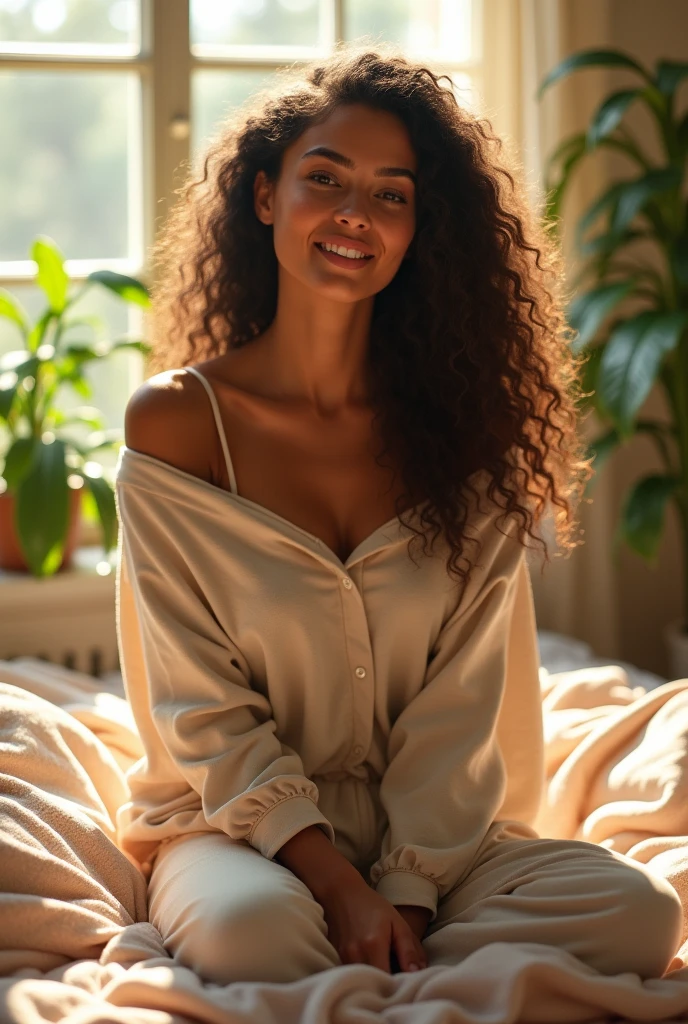 (photorealism:1.2), beautiful woman, sitting on bed, wearing loose off-shoulder top, pajama pants, long curly hair, indoors, soft lighting, plants in background, window with sunlight, cozy room, relaxed pose, realistic, intricate details, warm colors