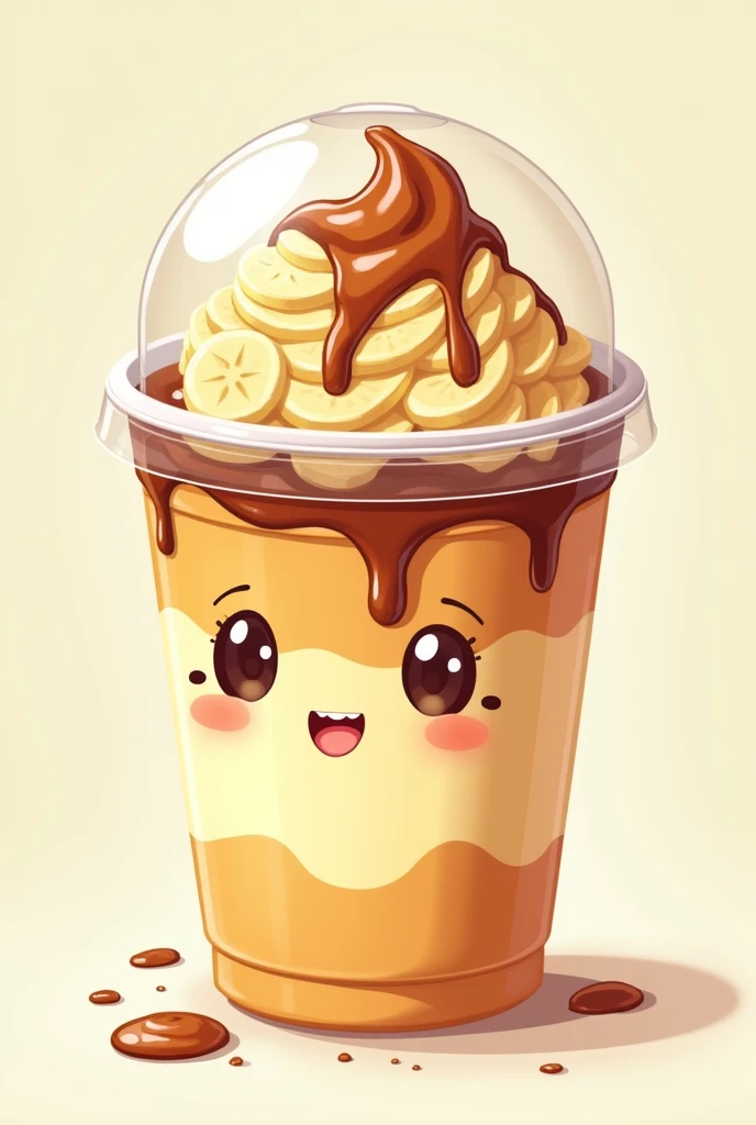 Um doce banoffee, formato cartoon, inside a plastic cup that has an oval lid on top