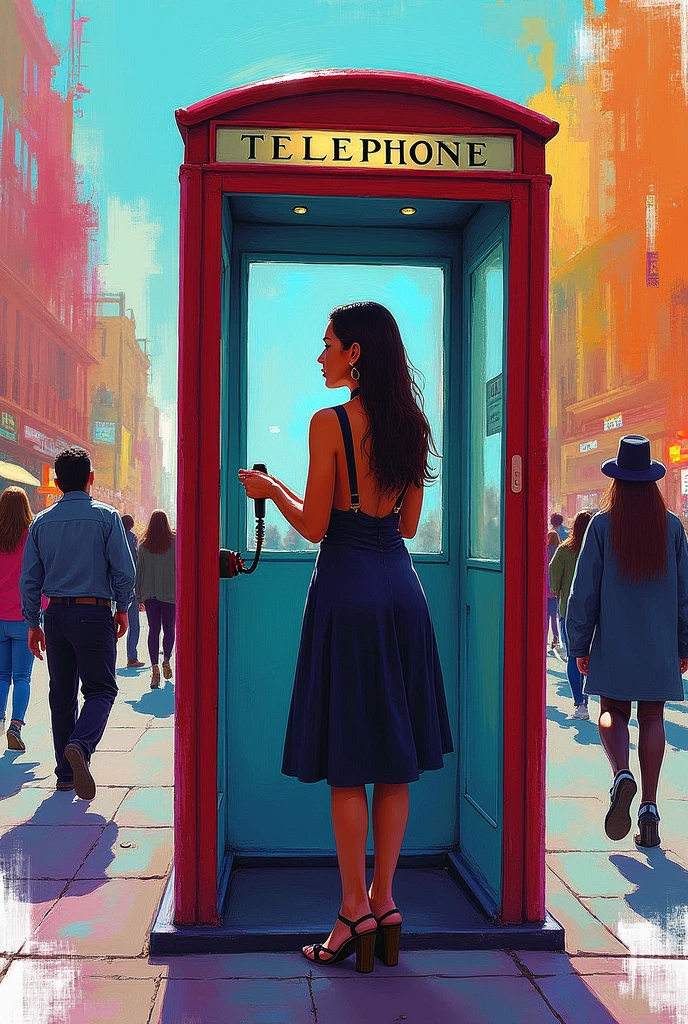 drawn in the form of a colored drawing, a woman from behind using the telephone booth