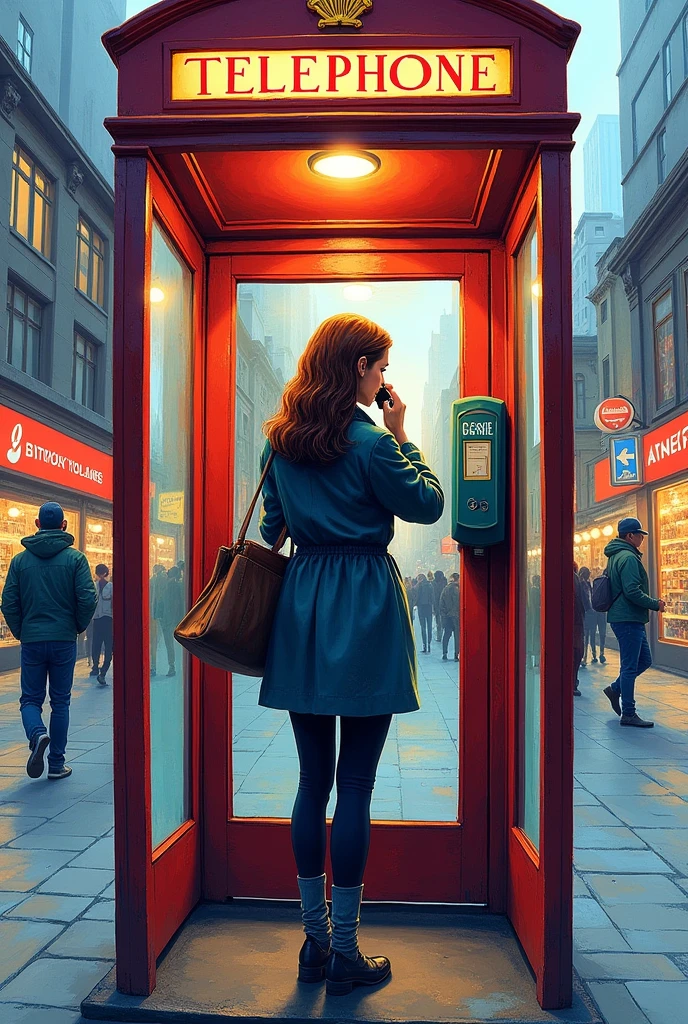 drawn in the form of a colored drawing, a woman from behind using the telephone booth