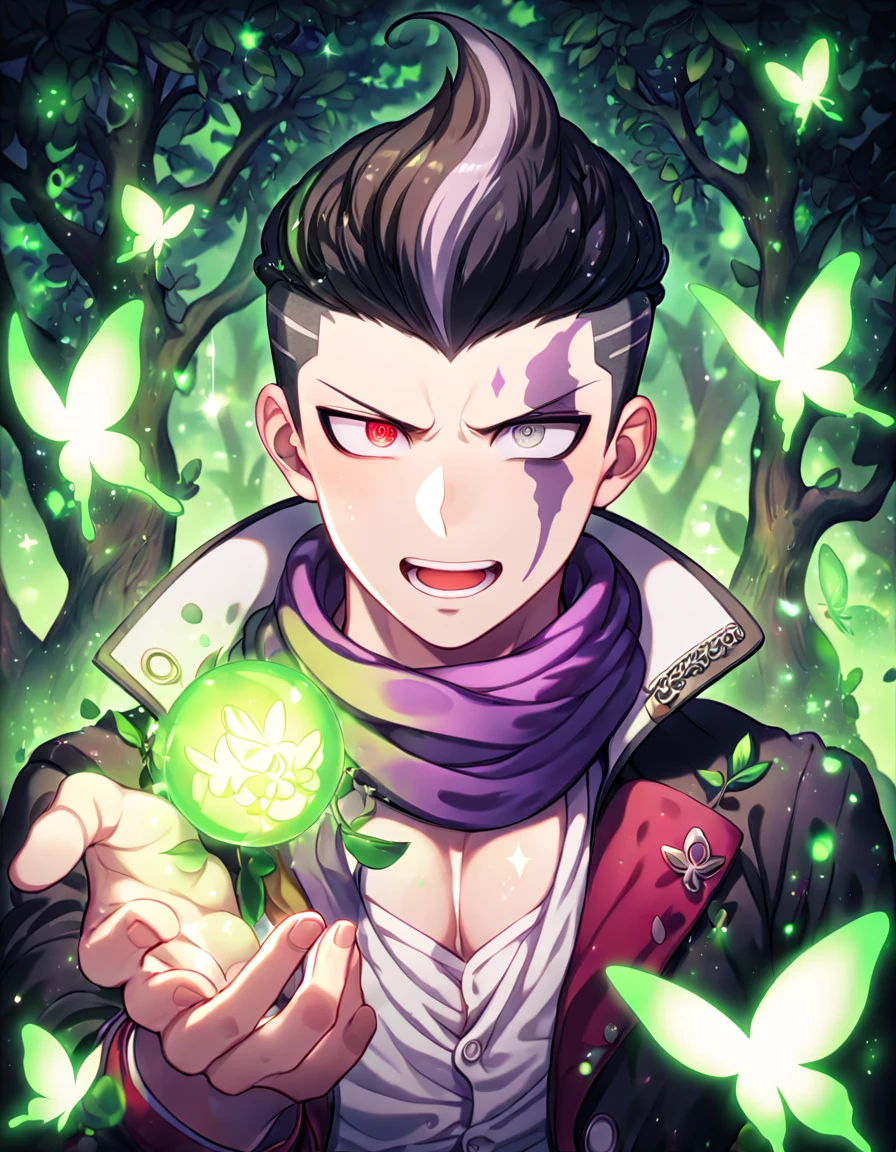 absurdres, highres, ultra detailed, HDR, master piece, best quality, extremely detailed, detailed eyes, Tanaka Gundham, black hair, heterochromia, right expressive gray eye, left expressive red eye, Danganronpa, solo, sexy man, sensual, handsome, purple scarf, black coat, withe shirt, under a green tree, fantasy, magical, glittering fireflies, green butterflies, green flames, glass magic, green leaves