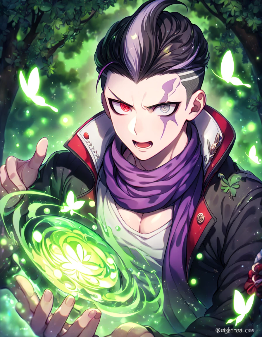 absurdres, highres, ultra detailed, HDR, master piece, best quality, extremely detailed, detailed eyes, Tanaka Gundham, black hair, heterochromia, right expressive gray eye, left expressive red eye, Danganronpa, solo, sexy man, sensual, handsome, purple scarf, black coat, withe shirt, under a green tree, fantasy, magical, glittering fireflies, green butterflies, green flames, glass magic, green leaves