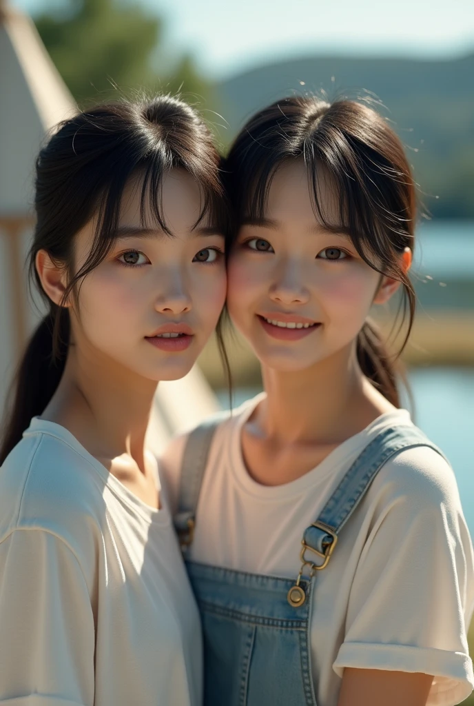 dress、(Photorealistic:1.4)、(hyper Realistic:1.4)、(Realistic:1.3)、(Smooth lighting:1.05)、(映画の照明Improvement of quality:0.9)、32K、Japanese、Identical twin sisters、20-year-old girl、Realistic lighting、Backlight、Facial Light、Ray-tracing、(Bright light:1.2)、(Improvement of quality:1.4)、(Highest Quality Real Texture Skins:1.4)、Finely grained、Detailed painted face、Quality Eyes、(tired, Sleepy and satisfied:0.0)、 Face close-up、T-Shirts、(Enhance the mood of your body line:1.1)、(Enhances the beauty of skin texture:1.1)、((fukada kyoko))、bicycle、Lake Kawaguchi、Teepee、camp site