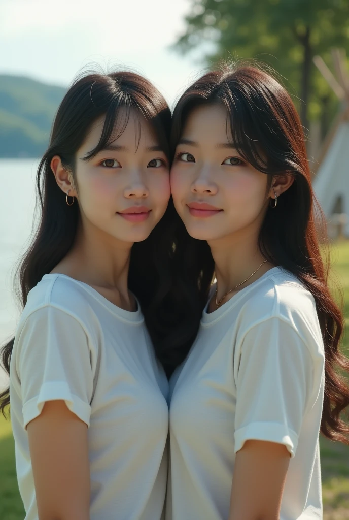 dress、(Photorealistic:1.4)、(hyper Realistic:1.4)、(Realistic:1.3)、(Smooth lighting:1.05)、(映画の照明Improvement of quality:0.9)、32K、Japanese、Identical twin sisters、20-year-old girl、Realistic lighting、Backlight、Facial Light、Ray-tracing、(Bright light:1.2)、(Improvement of quality:1.4)、(Highest Quality Real Texture Skins:1.4)、Finely grained、Detailed painted face、Quality Eyes、(tired, Sleepy and satisfied:0.0)、 Face close-up、T-Shirts、(Enhance the mood of your body line:1.1)、(Enhances the beauty of skin texture:1.1)、((fukada kyoko))、bicycle、Lake Kawaguchi、Teepee、camp site
