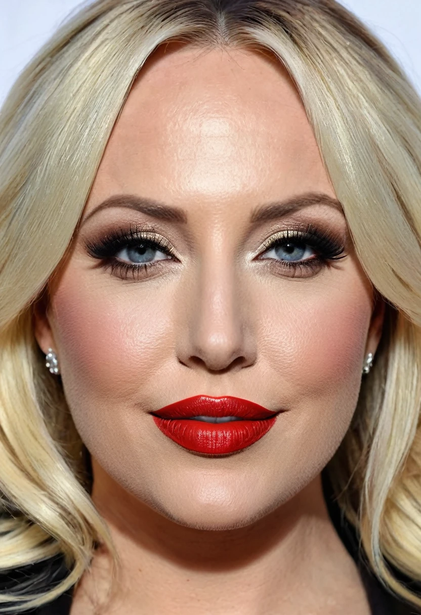 A waist-up portrait of a beautiful female whose facial features are a combination of Meghan McCain + Jana Cova. The female has lovely makeup on her face. The female wears red lipstick. Symmetrical eyes. Symmetrical face. Lovely details. Photorealistic. Full-colored photo. Professional photo. Highly detailed 8K.