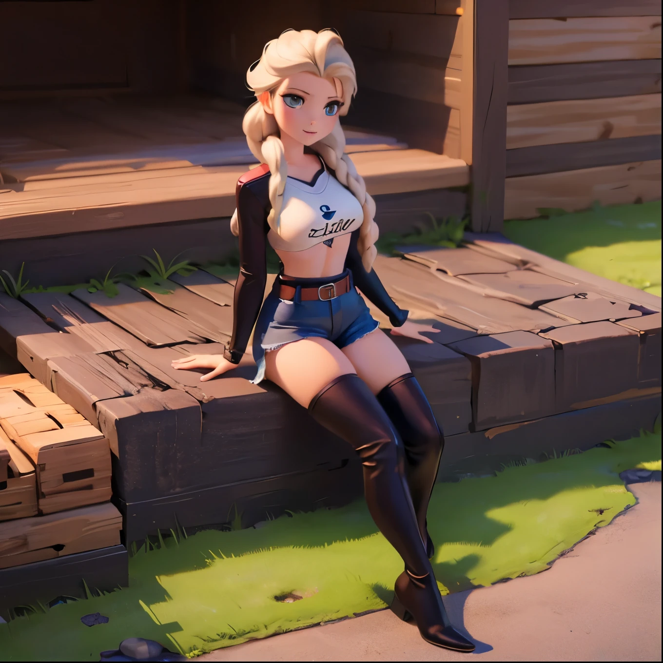 Elsie, looking sexy, beautiful, in band t-shirt. leather shorts, knee high boots