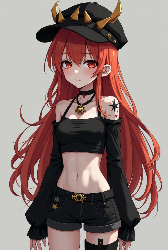 Chica anime gummy, slim, ghost white skin, bitter face, long copper red hair, star tattoo, black cap with thorns, black necklace, black top with long sleeves, short black shorts and black tights
