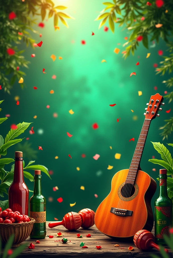 You can generate a green background for a Mexican party invitation, that has bottles, flores, charro hats, and a guitar