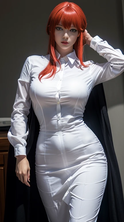 , ((anime cosplay)), 1 girl, wide range photoshoot, wide range, (milf), beautiful face, clear face, ((hot body)), ((makima dress)), Wearing office suit, ((white full sleeve shirt and full leg black pant)), ((chainsaw man)), ((assassin suit dress)), ((cosplay dress)), ((((Huge breasts: 0.8)))), ((no breasts)), coverd, (((Realistic))), ((well dressed)), waist curve pose, front side, (8k, RAW photo, top quality, masterpiece), (Realistic, photorealistic: 1.9), ((Full body shot)), stylish pose, ((Highly detailed skin: 1.2)), ((Realistic: 1.9)), Photos, masterpieces, top quality, (beautiful blue eyes, gorgeous red hair, white skin, thick body, lower abdomen bristles, perfect slim figure), various poses, ultra-detailed face, detailed eyes, inside a dimly lit bedroom, taking a mirror selfie, holding a smartphone, (((no close-up)))
