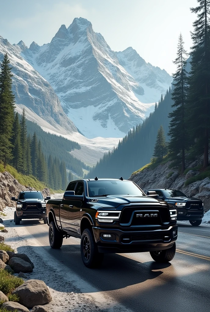Various black ram trucks in the mountains