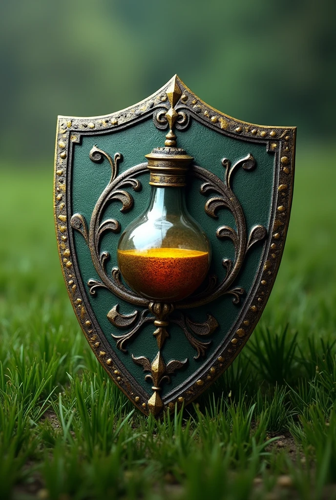 A shield with the emblem of a volumetric flask on a green background. The shield is from the game Baldur's Gate 3.