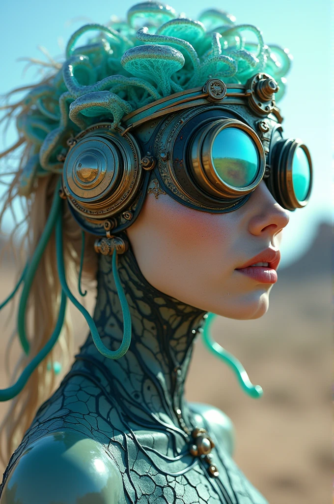 Ethereal Cyborg Woman, bioluminescent jellyfish tiara. Steampunk goggles merge with translucent tentacles. Cracked porcelain skin meets iridescent scales. Mechanical implants and delicate tendrils intertwine. Human characteristics with an otherworldly glow. Dreamy aquatic tones contrast with aged metal. Reflective eyes capture invisible worlds. Gentle bioluminescence meets a harsh desert landscape. Fusion of organic and synthetic, ancient and futuristic. Hyper-detailed textures, surreal atmosphere.