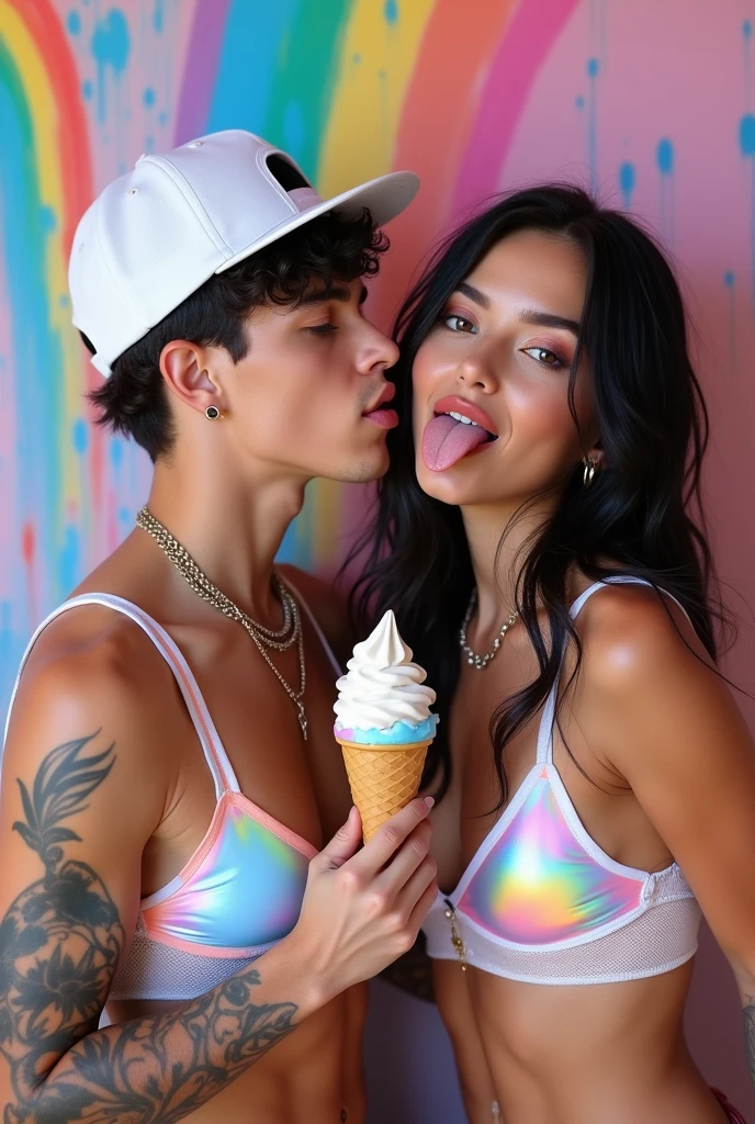 couple, male with short black hair with white snapback, female with long black hair, pastel holographic rainbow top with white fishnet, pastel rainbow paint splatter in background, rainbows in the background, wet skin, big lips, shiny skin, smiling, chains, tattoos, ice cream on tongue, holding rainbow ice cream, melting