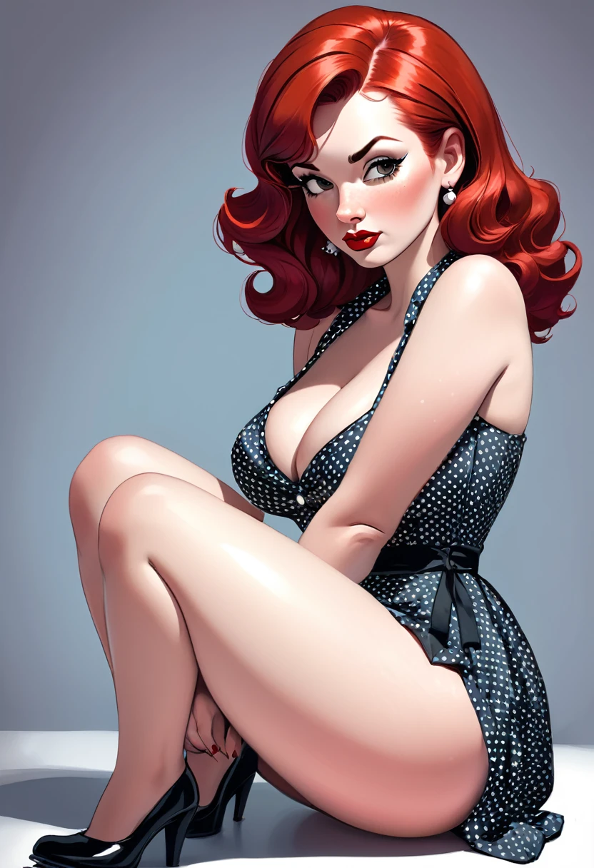 Rockabilly pin up art style. Red hair woman. On her knees. Polkadot dress. Less cleavage. Artistic. Plus size. Thick thighs. No cleavage. Smaller boobs. On knees. Hands on knees. Sketch style. Artistic style.