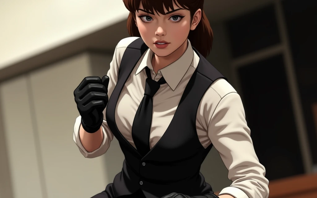 In a tense confrontation, a skilled female fighter in a sharp suit—complete with a crisp shirt, tight tie, waistcoat, leather gloves, and tailored suit pants—delivers a precise, high kick. As she executes the move, she adjusts her tie with a casual, almost nonchalant gesture. The adjustment of her tie is a deliberate distraction, meant to momentarily divert her opponent's attention. This subtle yet effective maneuver underscores her tactical acumen, blending the formality of her attire with her agile combat skills. The setting, a modern office space, serves as both a stage for her impressive abilities and a testament to her unique blend of elegance and efficiency in battle.