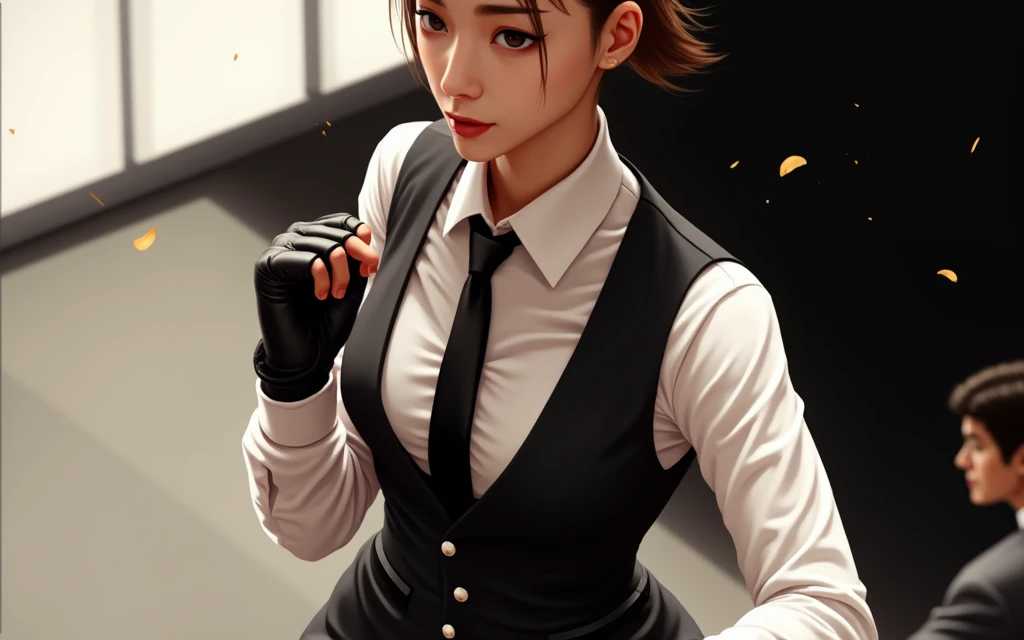 In a tense confrontation, a skilled female fighter in a sharp suit—complete with a crisp shirt, tight tie, waistcoat, leather gloves, and tailored suit pants—delivers a precise, high kick. As she executes the move, she adjusts her tie with a casual, almost nonchalant gesture. The adjustment of her tie is a deliberate distraction, meant to momentarily divert her opponent's attention. This subtle yet effective maneuver underscores her tactical acumen, blending the formality of her attire with her agile combat skills. The setting, a modern office space, serves as both a stage for her impressive abilities and a testament to her unique blend of elegance and efficiency in battle.