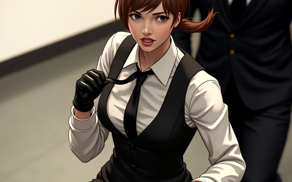 In a tense confrontation, a skilled female fighter in a sharp suit—complete with a crisp shirt, tight tie, waistcoat, leather gloves, and tailored suit pants—delivers a precise, high kick. As she executes the move, she adjusts her tie with a casual, almost nonchalant gesture. The adjustment of her tie is a deliberate distraction, meant to momentarily divert her opponent's attention. This subtle yet effective maneuver underscores her tactical acumen, blending the formality of her attire with her agile combat skills. The setting, a modern office space, serves as both a stage for her impressive abilities and a testament to her unique blend of elegance and efficiency in battle.