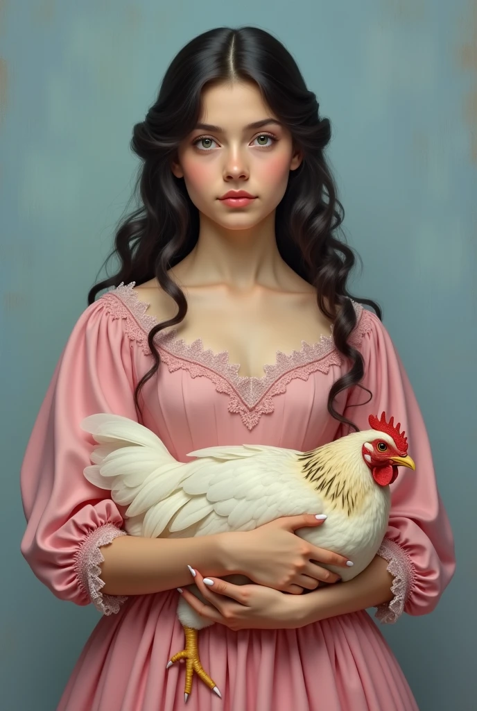 Portrait of a Argentinian girl, with a pink dress, holding a chicken; with a style of 19th century noble portraits, with a light blue background.