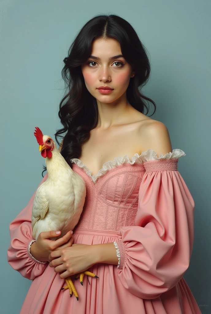 Portrait of a Argentinian girl, with a pink dress, holding a chicken; with a style of 19th century noble portraits, with a light blue background.