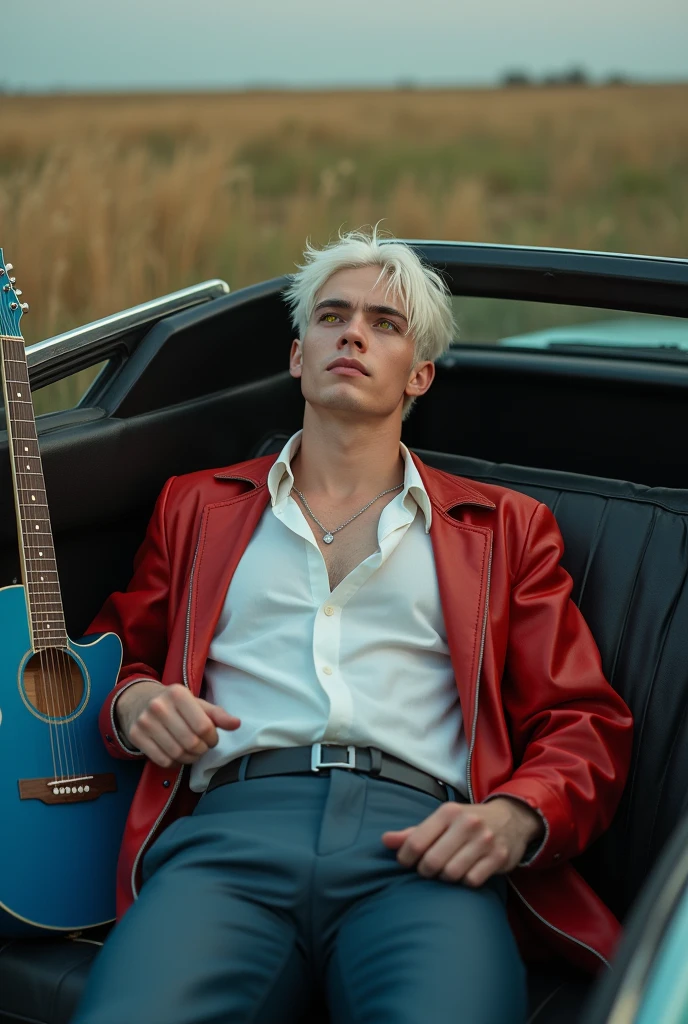 one men, offwhite, com cabelos offwhites, sobrancelha e cílios offwhites, Athletic, Soft, stark.
your hair is messy, short with a fringe.
He has yellow eyes.
He has a beautiful face.
He's pale.
He is lying in a car, in an open field, next to a blue guitar.
view from above.
photo taken from far away.
He wears a white dress shirt, a red leather jacket, a pair of dark blue leather pants.
semi realistic.