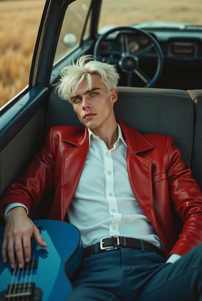 one men, offwhite, com cabelos offwhites, sobrancelha e cílios offwhites, Athletic, Soft, stark.
your hair is messy, short with a fringe.
He has yellow eyes.
He has a beautiful face.
He's pale.
He is lying in a car, in an open field, next to a blue guitar.
view from above.
photo taken from far away.
He wears a white dress shirt, a red leather jacket, a pair of dark blue leather pants.
semi realistic.