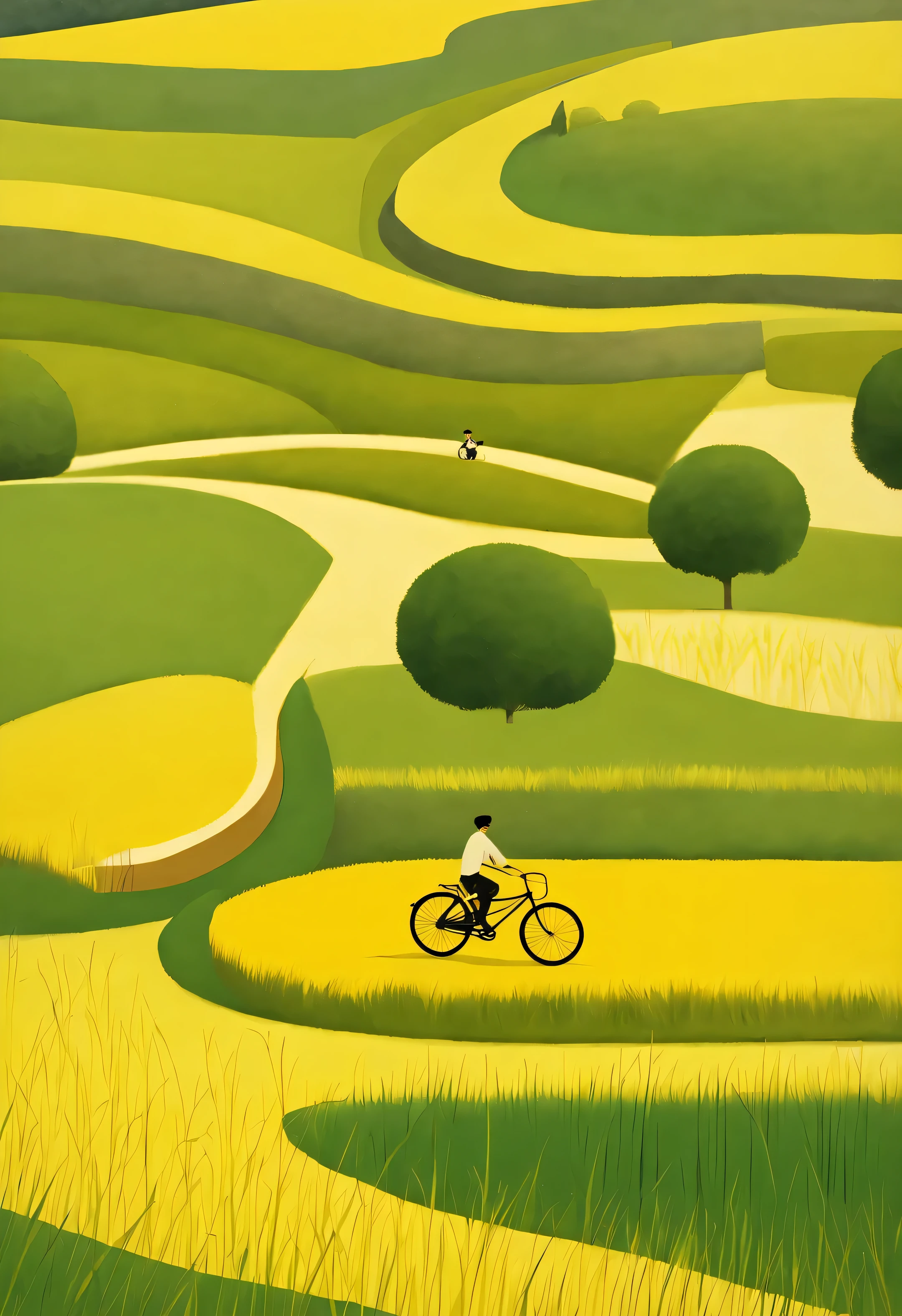 Beautiful illustrations, Endless rice fields, Half yellow、Half Green, Boy Riding a Bicycle, Will Burnettt (Will Burnett) modeling, Attached are stills from the 50D movie, Rural Scenery, Rural Areas, Panorama,
