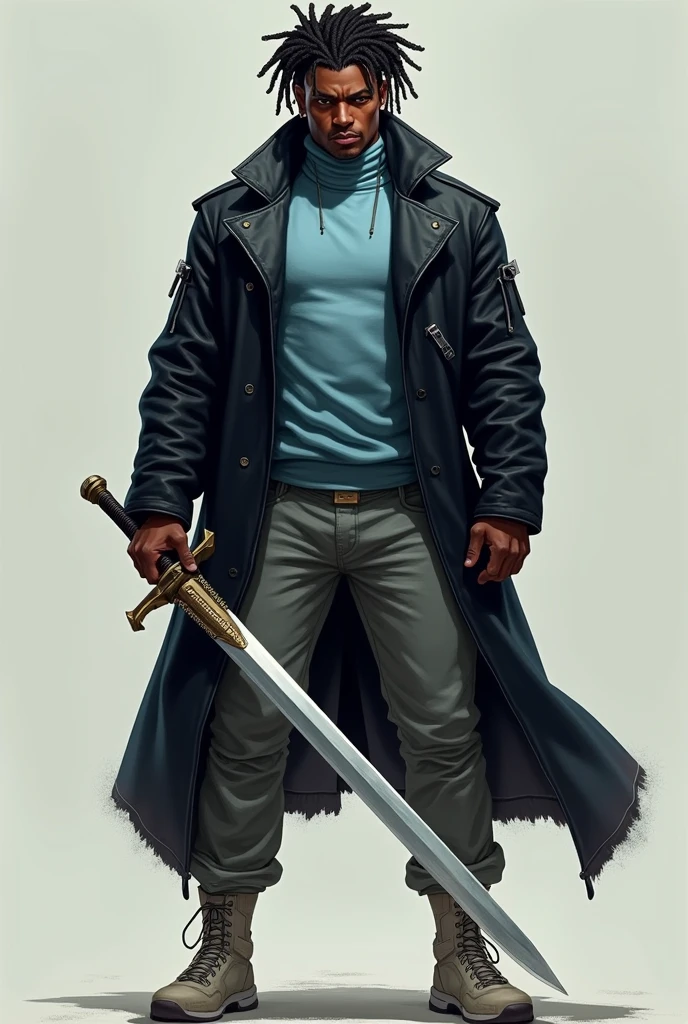 black male, eyes browns, brawny, Cao Cao, short dreadlocks hair, light blue turtleneck sweater , shiny black overcoat, Gray pants, light shoes, sword in hand.