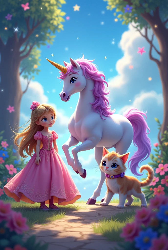 Animated cat with a unicorn and a princess