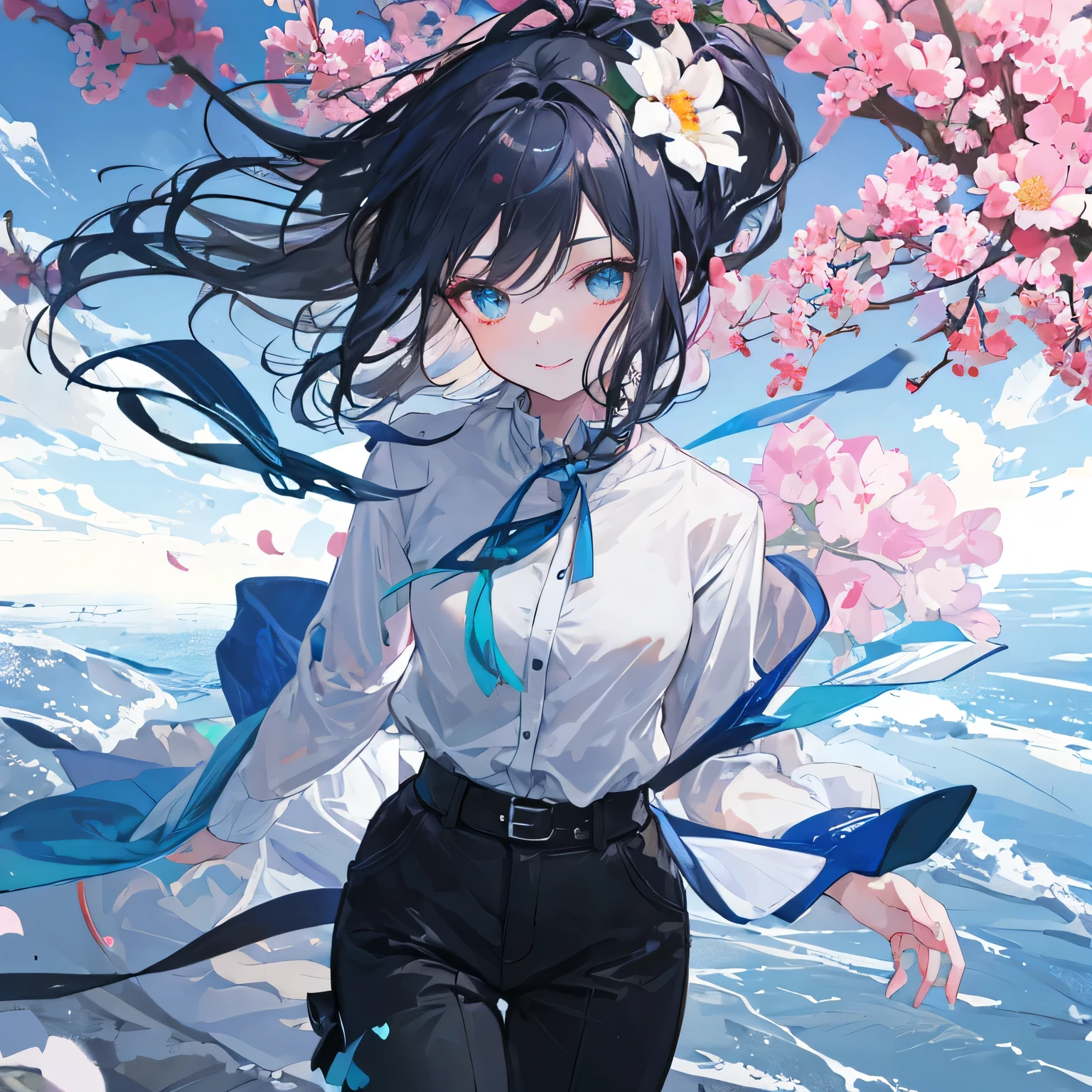 Beautiful woman, cute, A dignified expression, smile, Fleeting Expression, Transparency, ponytail, Forward Shorthair, Black Hair, Blue Hair, Silver Hair, flower, Cool, Clear sky, The wind is blowing, Gradient Hair, Ray Tracing, reflected light, Anime Style, masterpiece, Highest quality, Anatomically correct, Accurate, Super Detail, High resolution, Pink Lips, White skin, The face is facing straight ahead, not turning left or right, Head to leg, Dynamic composition, Beautiful colors