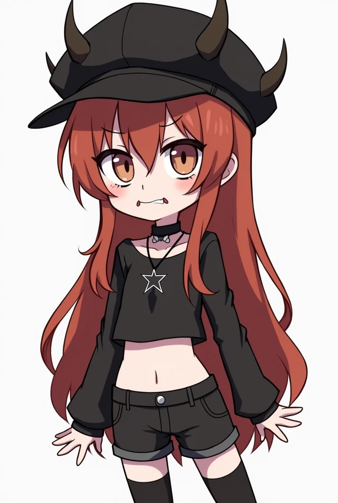 best quality, masterpiece, super high resolution, perfect anatomy, 1girl, red hair, long hair, hair between eyes, long bangs, double-parted_bangs, spiky hair, ahoge, silver eyes, eyes_visible_through_hair, small breasts, sharp teeth, freckles, wide eyed, pale skin, 23 years old, sleeveless top, black top, crop top, Denim shorts, green shorts, red neckerchief, baseball cap, incredibly absurdres,