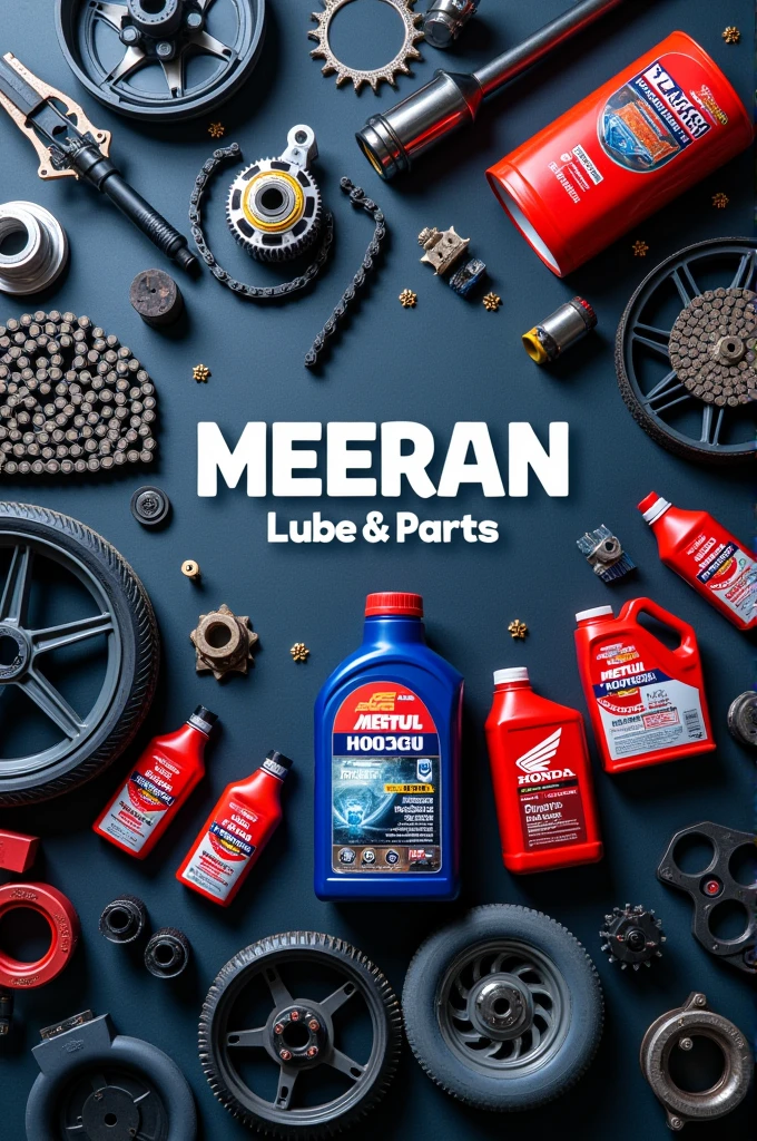 Creat a cover photo with word Meeran Lube & Parts including some bike parts and motul,honda,hero bajaj engine oil cans