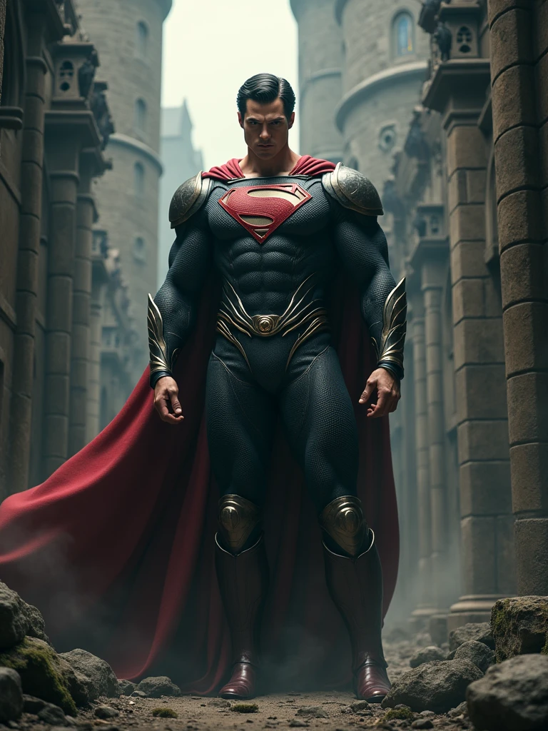 Superman as a lord of a medieval castle in the middle age and use dark themes
