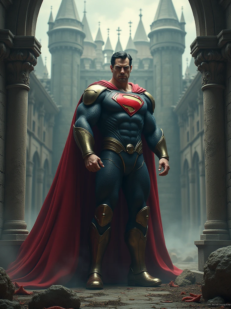 Superman as a lord of a medieval castle in the middle age and use dark themes