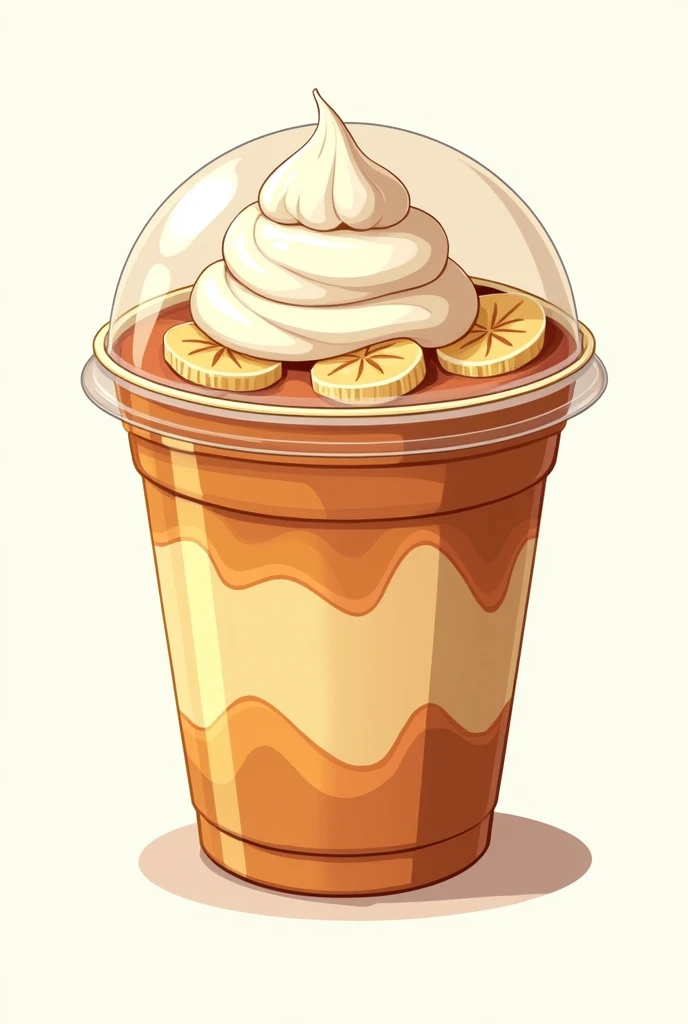 Um doce banoffee, animation format with thick lines, inside a plastic cup that has an oval lid on top