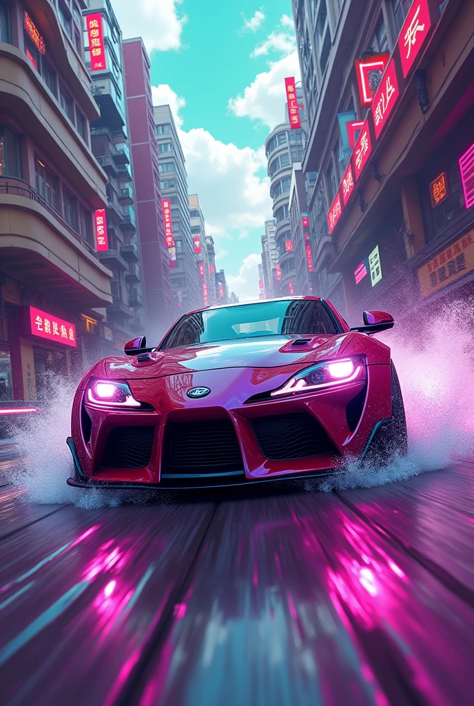 A JDM car in a melted psychedelic city with purple and green accents in Japan