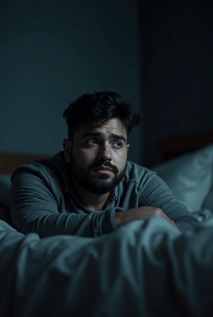 A sad young round faced man with thin beard and mid fade hair age of 24 lay down his bed in a dark room and thinking about his love life problems, family problems, uncertain career, financial problems and show his all thoughts right top of his head.