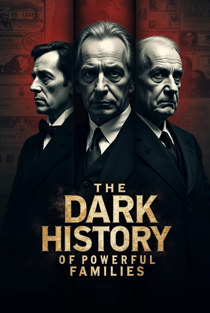 Create a YouTube-sized thumbnail (1280x720) with a dark, dramatic background. The thumbnail should feature split portraits of three influential historical figures: Mayer Rothschild, John D. Rockefeller, and J.P. Morgan. Each portrait should be in black and white, placed side by side with a subtle glow or shadow to emphasize mystery. The background should be deep and shadowy with dark tones like black, navy, and deep red. Include subtle imagery of dollar signs, a world globe, and faded parchment documents in the background, blended in to create a sense of hidden power and influence.

The title text should read “The Dark History of Powerful Families” in a bold, mysterious font. Place the title text at the top or center, with a mix of white and gold colors, ensuring the words stand out against the dark background. The font should have a slightly distressed, old-world look, adding to the theme of secrecy and influence. Add a slight texture or grunge effect to the overall design to give it a more aged, historical feel.