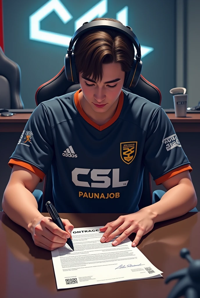 Make an image of a gamer signing a contract with the line "csl" and on the shirt it says PauNaJob