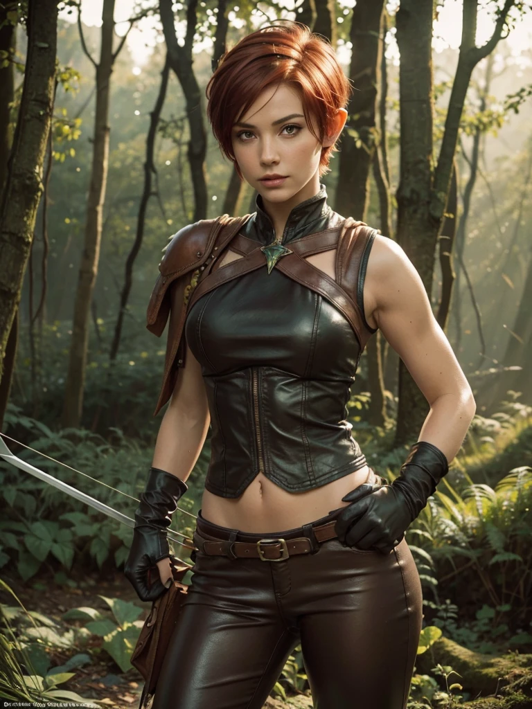 slim feminine figure, redhead, best quality, realistic skin texture, photography, film grain texture and high contrast, extremely high-resolution details, photographic, photorealistic, hyper-realistic, HDR, masterpiece, ((short pixie hair)), dressed up as a night elf hunter from world of warcraft, full green hunter armor, a green lust forest in the background, brown pants